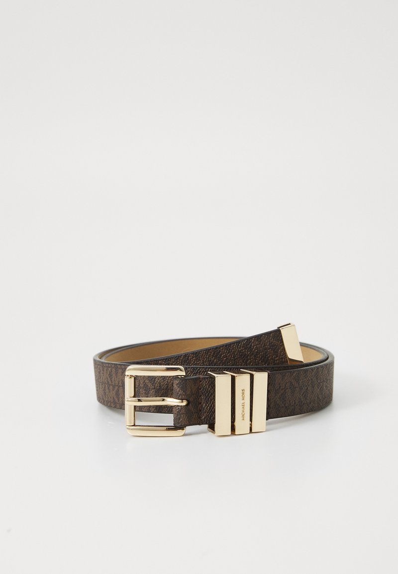 Brown patterned leather belt with gold metal buckle and accents, featuring a sleek and smooth texture. Brand name visible on hardware.