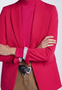 Horkorůžový blazer s klopami, spárovaný s fuchsiovým rolákem a khaki kalhotami. Stříbrná spona na pásu zvýrazňuje pas. Viditelné pruhované rukávy.