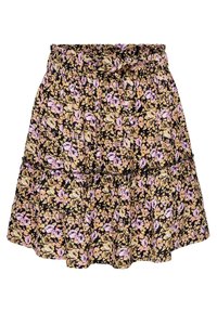 Gonna nera a fiori con fiori gialli e rosa, design a strati, cintura elastica e dettaglio della cintura abbinato.
