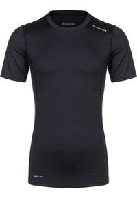 Schwarzes, kurzärmliges Sportshirt aus glattem, dehnbarem Stoff. Mit rundem Ausschnitt und Schriftzügen "ENDURANCE" und "QUICK DRY".