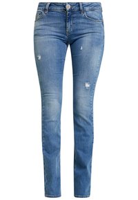 Jeans de mezclilla azul claro con corte ajustado, que presentan desvanecimientos, ligero desgaste y cierre de botón en la cintura.