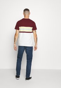 Bordeaux- och vitfärgad färgblockerad t-shirt med horisontella ränder i gult och grönt. Korta ärmar, bomullsmaterial, avslappnad passform, i kombination med blåjeans.