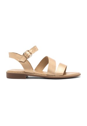 Tan leather sandal with three wide straps across the foot, an adjustable ankle strap with a metal buckle, and a flat sole.