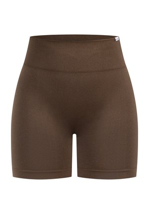 Shorts marroni aderenti con una vita alta a costine, realizzati in un tessuto liscio. Presentano un design senza cuciture e arrivano a metà coscia.