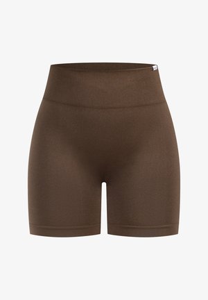Shorts marroni aderenti con una vita alta a costine, realizzati in un tessuto liscio. Presentano un design senza cuciture e arrivano a metà coscia.