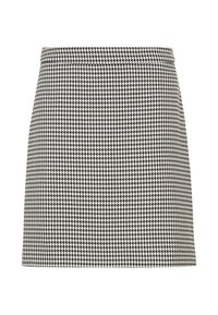 Svart och vit houndstooth-mönstrad kjol, rak passform, hög midja, texturerad tyg, diskret sömnad, ingen synlig hårdvara eller dekorer.
