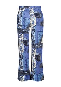 Blauwe broek met een patroon dat een mix van paisley-ontwerpen en geometrische vormen toont, met een uitlopende pijpopening en een gladde stoftextuur.