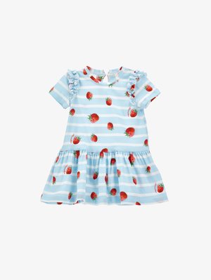 Light blue and white striped toddler dress with red strawberry print, short ruffled sleeves, and a gathered ruffle hem.