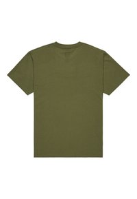 Olivově zelené bavlněné tričko s krátkým rukávem a kulatým výstřihem; má jednobarevný a hladký povrch, bez viditelných vzorů nebo zdobení.