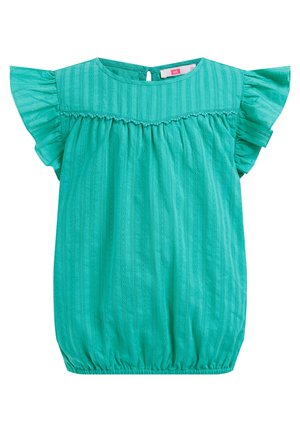 Robe bébé turquoise à manches volantées, ourlet élastique, rayures verticales texturées et petite fermeture à bouton dans le dos au niveau de l'encolure.