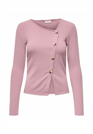 Różowa dopasowana bluzka z długim rękawem, z ukośnym zapięciem na guziki, posiadająca cztery guziki z przodu.