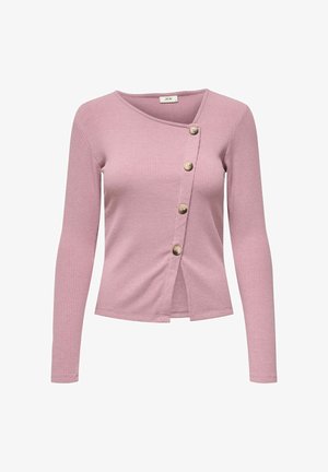 Roze geribbelde lange mouwen top met een diagonale knoopsluiting, voorzien van vier knopen aan de voorkant en een aangesloten ontwerp.