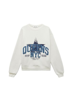 Biała bluza z nadrukiem graficznym w kolorze niebieskim, przedstawiającym gwiazdę z napisami "QUEENS NYC 1999 2002 CHAMPS SEASON LEGENDARY TEAM."