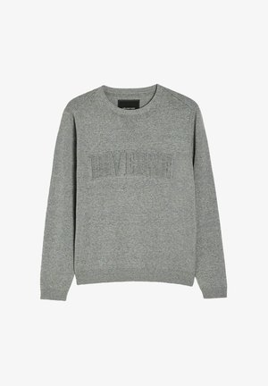 Szary sweter z długim rękawem i okrągłym dekoltem, z prążkowanymi mankietami i dołem, z wytłoczonym napisem "DIVERSE" na piersi.