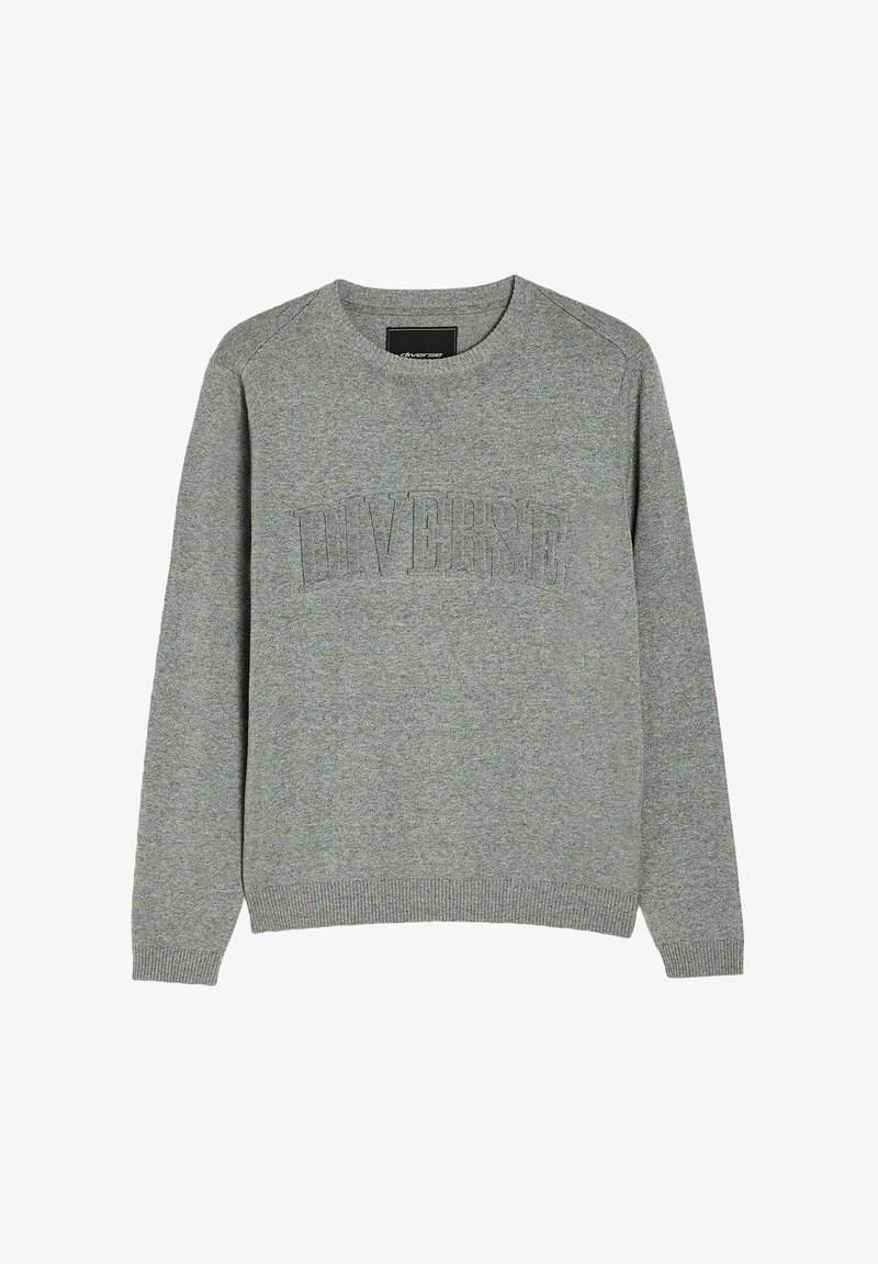 Szary sweter z długim rękawem i okrągłym dekoltem, z prążkowanymi mankietami i dołem, z wytłoczonym napisem "DIVERSE" na piersi.