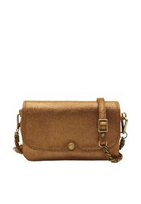 Sac bandoulière en bronze métallique avec une finition texturée, une chaîne en bandoulière et une fermeture à rabat. Présente un bouton d'accent doré à l'avant.