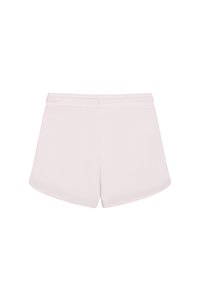 Helle rosa Sportshorts aus weichem Material. Sie verfügen über eine glatte Textur, einen elastischen Bund und einen leicht gewellten Saum.