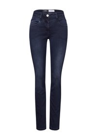 Ciemnoniebieskie skinny jeans wykonane z denimu. Posiadają wysoką talię, pięć kieszeni oraz zapięcie na guzik z kontrastowym przeszyciem.