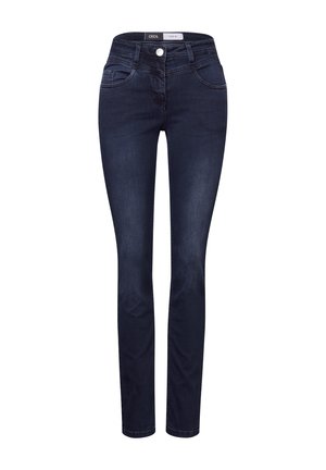 Jean skinny bleu marine en denim. Doté d'une taille haute, d'un design à cinq poches et d'une fermeture à bouton avec des coutures contrastantes.
