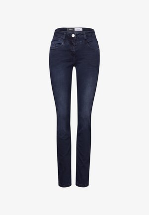 Donkerblauwe skinny jeans van denim. Heeft een hoge taille, vijf-pocketontwerp en een knoopsluiting met contrasterende stiksels.