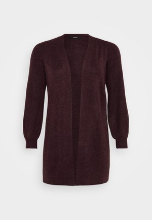 Long burgundy cardigan with a open front, ribbed cuffs, and textured fabric. Features a soft, knitted appearance, enhancing warmth and comfort.
