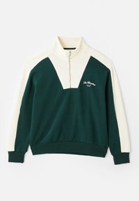 Groene en crème pullover met hoge kraag, ritssluiting aan de voorkant, gestructureerde stof en een wit logo op de borst. Heeft contrasterende mouwkleuren.