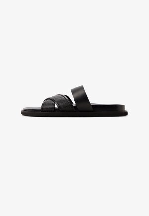 Zwarte slideslippers met twee gestructureerde banden en een gladde band. De zool is vlak met een lichte rand, ontworpen voor comfort.