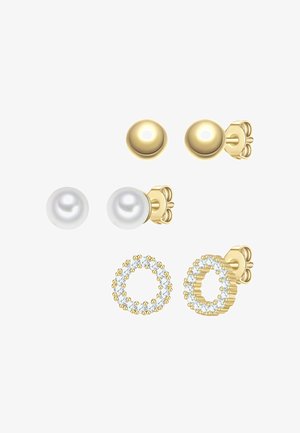 Komplet treh parov uhani: dva biserna uhani (bela, z zlatimi poudarki), en krožni model (zlato, okrašen z brezbarvnimi dragimi kamni).