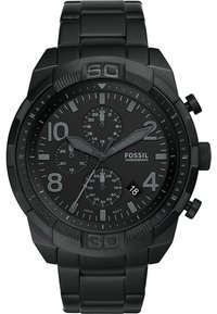 Schwarze Fossil-Chronographuhr mit mattem Finish, runder Ziffernblatt, drei Unterzifferblättern, Datumsanzeige und strukturierten Akzenten auf der Lünette und dem Armband.