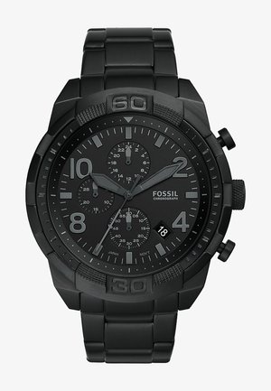 Schwarze Fossil-Chronographuhr mit mattem Finish, runder Ziffernblatt, drei Unterzifferblättern, Datumsanzeige und strukturierten Akzenten auf der Lünette und dem Armband.