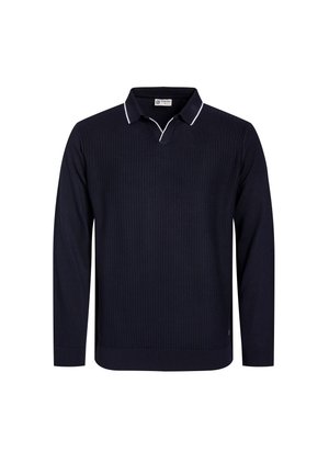 Polo sweater navy a maniche lunghe con un motivo testurizzato, colletto classico e piping bianco lungo il bordo del colletto.