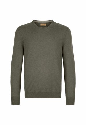 Sweter dziergany w oliwkowym zielonym kolorze, z okrągłym dekoltem, długimi rękawami oraz ściągaczami na mankietach i u dołu. Miękka tekstura o gładkim wykończeniu.