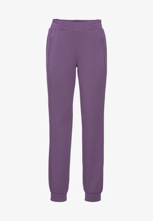 Purple sweatpants made of soft fabric, featuring a drawstring waist, two side pockets, and ribbed ankle cuffs for a snug fit.