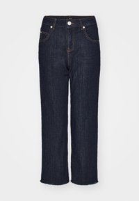 Dunkelblaue Jeans aus Denim mit geradem Bein, fünf Taschen und einem rohen Saum. Verfügt über kontrastierende Nähte und einen Metallknopfverschluss.