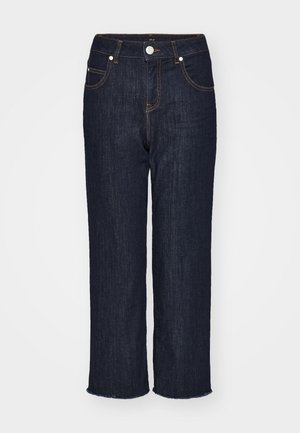 Dunkelblaue Jeans aus Denim mit geradem Bein, fünf Taschen und einem rohen Saum. Verfügt über kontrastierende Nähte und einen Metallknopfverschluss.