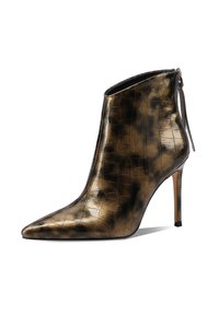 Stivale alla caviglia in pelle verniciata bronzo con punta affusolata, motivo coccodrillo e tacco a stiletto sottile. Presenta una cerniera sul retro.