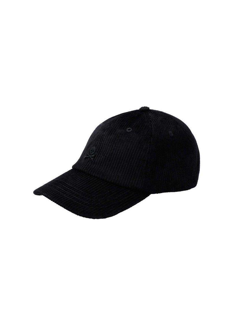 Gorra de béisbol de pana negra con visera curva, que presenta un detalle bordado de calavera en la parte frontal y una correa de tela en la parte trasera.