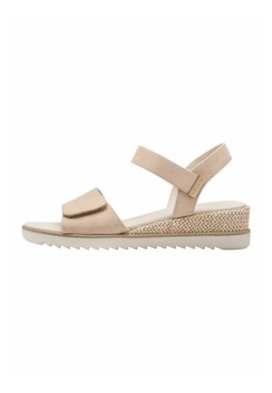 Wedge sandal in beige suede with adjustable Velcro strap, textured footbed, and braided jute detailing on a ridged white sole.