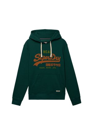 Felpa con cappuccio verde scuro con tasca frontale, stringhe crema e logo arancione "Real SuperDry" con testo giapponese e "Trade. Mark. JPN."
