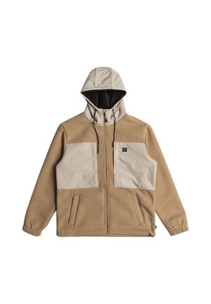 Beige jacket with a hood, featuring two large beige front pockets, front zipper, and textured fabric. Interior lined with dark material.