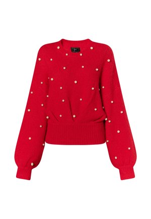 Rode gebreide trui met lange, gezwollen mouwen, voorzien van een textuurstof en gelijkmatig geplaatste, decoratieve parelversieringen door het geheel.