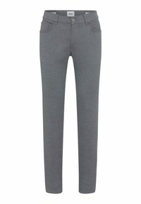 Graue Hosen aus strukturiertem Stoff, mit einem Fünf-Taschen-Design und einem Knopfverschluss, mit schmalen, geraden Beinen.