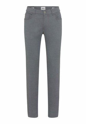Graue Hosen aus strukturiertem Stoff, mit einem Fünf-Taschen-Design und einem Knopfverschluss, mit schmalen, geraden Beinen.