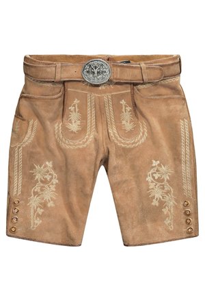 Pantalones cortos de cuero marrón con intrincados bordados en beige, un cinturón decorativo con una hebilla plateada y bolsillos laterales con acentos de botones.