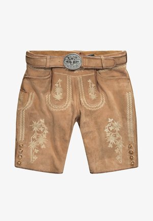 Brune lædershorts med intrikate beige broderier, et dekorativt bælte med en sølvspænde og sidelommer med knapdetaljer.