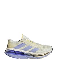 Scarpa da corsa Adidas Adistar 870 con una tomaia in maglia beige e lavanda, accenti testurizzati bianchi e una suola stratificata con dettagli viola.