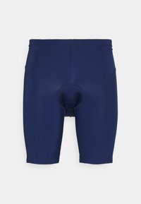 Námořnické modré cyklistické šortky s vyp paddingem, vysokým pasem a délkou ke kolenům, navržené pro pohodlí a výkon.