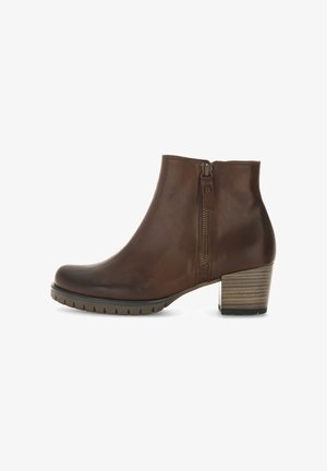 Brown leather ankle boots with a side zipper, rounded toe, and a textured block heel. Treaded rubber sole for grip.