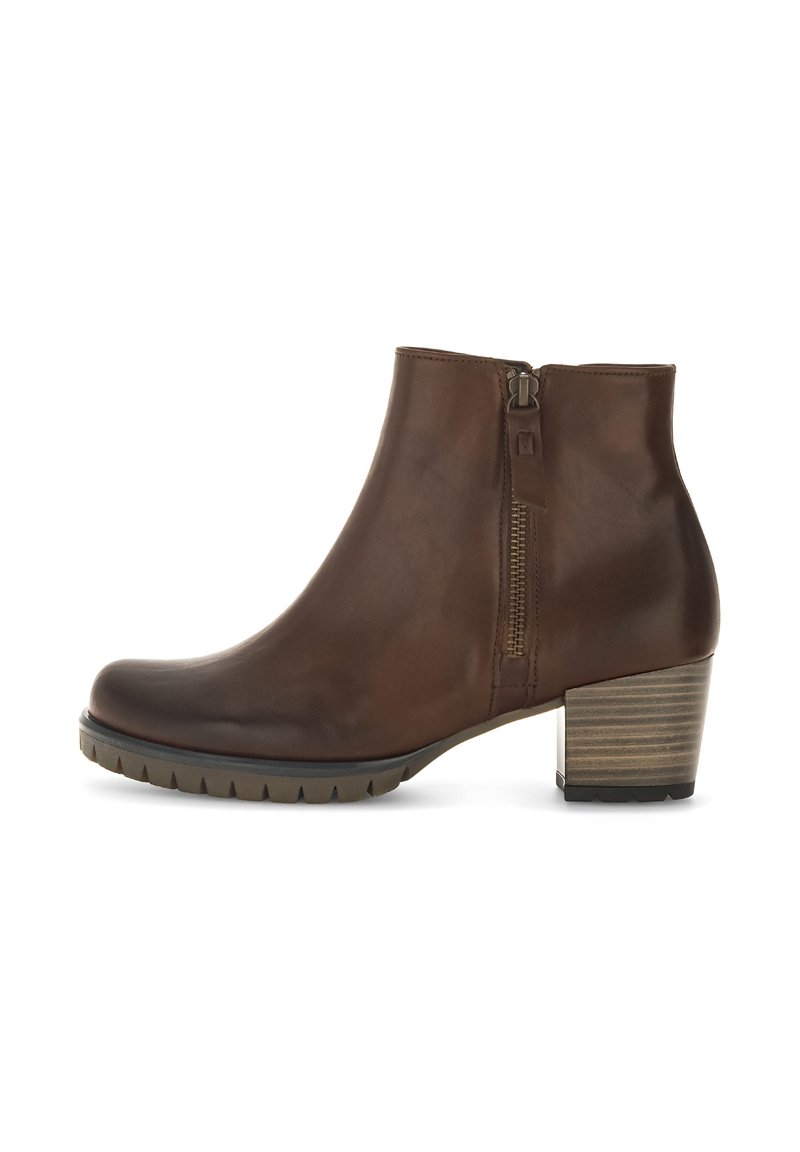 Brown leather ankle boots with a side zipper, rounded toe, and a textured block heel. Treaded rubber sole for grip.