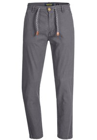 Pantalon gris décontracté avec cordon de serrage et fermeture par bouton, poches avant et passants de ceinture, fabriqué en tissu léger.